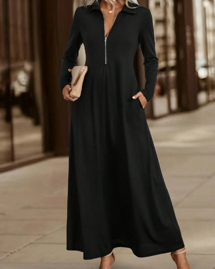 ﻿ Women's Elegant Solid Maxi Dress Fashion Simple Long Skirt 2025 Spring Autumn Slim Long Sleeves Shirt Dresses With Pockets