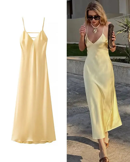 HH Women Summer Yellow Stain V Neck Sling Dress Elegant Sleeveless Loose Maxi Robes 2025 New Ladies Party Holiday Dresses