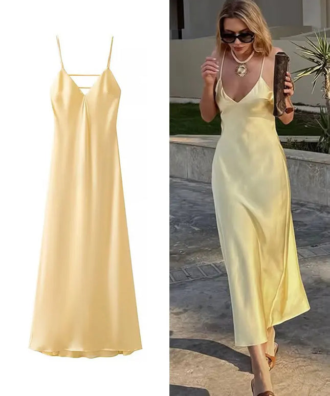 HH Women Summer Yellow Stain V Neck Sling Dress Elegant Sleeveless Loose Maxi Robes 2025 New Ladies Party Holiday Dresses