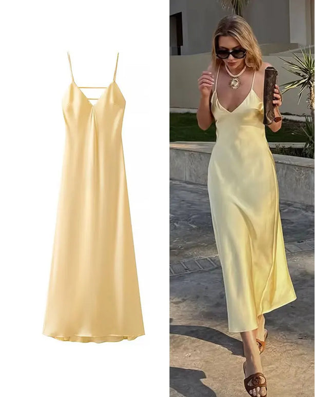 HH Women Summer Yellow Stain V Neck Sling Dress Elegant Sleeveless Loose Maxi Robes 2025 New Ladies Party Holiday Dresses