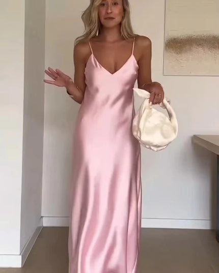 HH Pink Stain Sling Dresses Women Elegant V Neck Sleeveless Backless Slim Long Dress 2025 Summer Lady Party Holiday Dress