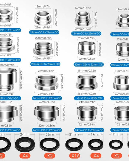 【16 Pcs Adapters + 32 Seals】Universal Faucet Adapter Set, Thread Converter for Kitchen Bathroom Sink Nozzle Accessories