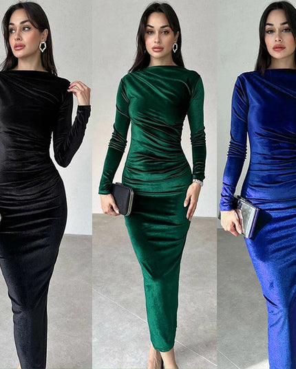 2024 Spring Summer Velvet Long Sleeve Midi Dress For Women Ruched Long Dress Elegant Party Clothes Evening Green Outfits