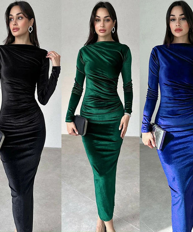 2024 Spring Summer Velvet Long Sleeve Midi Dress For Women Ruched Long Dress Elegant Party Clothes Evening Green Outfits