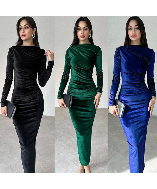 2024 Spring Summer Velvet Long Sleeve Midi Dress For Women Ruched Long Dress Elegant Party Clothes Evening Green Outfits