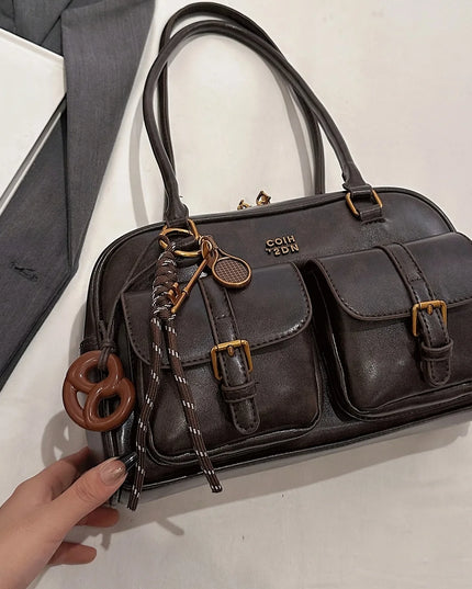 Women's Coffee Brown Multi-Pocket Handbag Shoulder Bag, Stylish Versatile Letter Crossbody Purse for Travel Work Shopping Dates