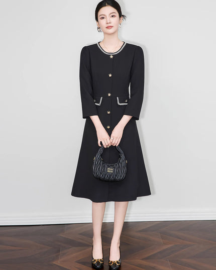 ZJYT New Fashion Beading Midi Dresses for Women Autumn 2025 Designer Long Sleeve Solid Pink Aline Casual Party Dress Vestidos