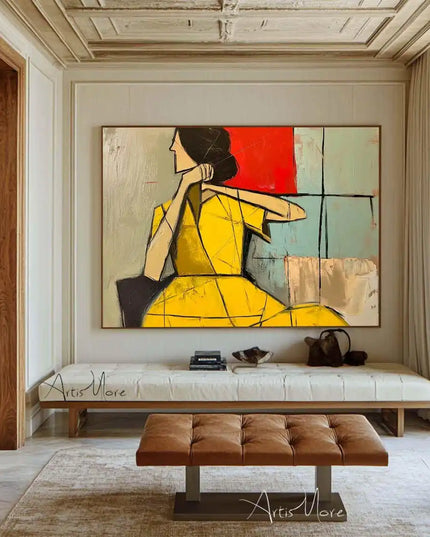 Mhemyo Wabi Sabi Wall Art Woman Figure Hand Painted Painting Large Grey Beige Textured Painting Vintage Figurative Canvas Art