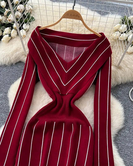 YuooMuoo Chic Fashion Elegant Wrap Hip Knitted Autumn Dress Women Vintage Slim Waist Stripes Bodycon Sweater Dress Lady Vestidos