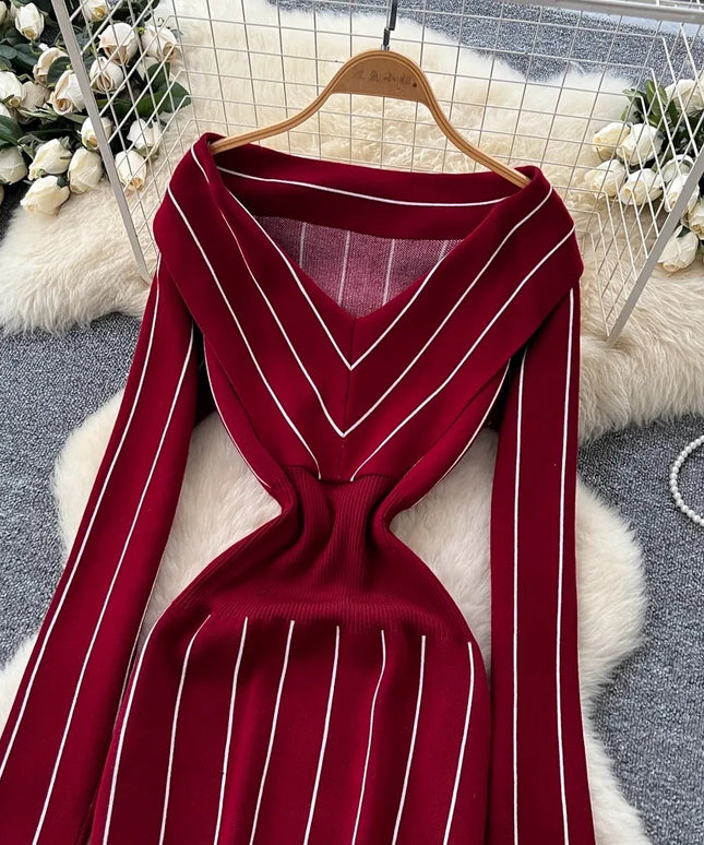 YuooMuoo Chic Fashion Elegant Wrap Hip Knitted Autumn Dress Women Vintage Slim Waist Stripes Bodycon Sweater Dress Lady Vestidos