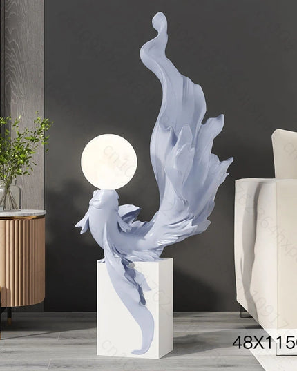Luxury LED Moon Light Koi Fish Floor Sculpture Elegant Interior Home Decor Handcrafted Sculptural Art for Living Room Entryway