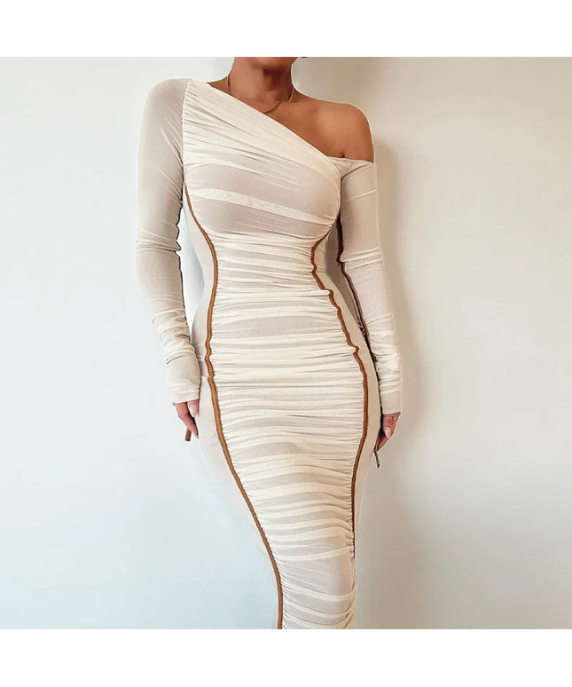2025 Spring New Women's Long Sleeve Mesh Splicing Diagonal Shoulder Mid length Skirt Fashion Folded Dress