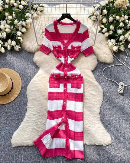 YuooMuoo Chic Fashion Sexy Package Hips Knitted Long Dress 2025 Spring and Summer Elegant Slim Waist Office Lady Sweater Dress