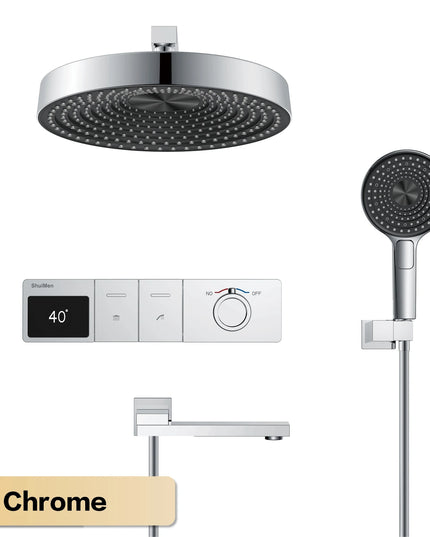 Luxury gun gray brass LED digital display shower system with wall mounted design, simple bathroom faucet for hot and cold water