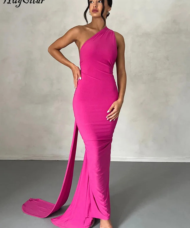 Hugcitar One Shoulder Backless Adjustable Scarf Loop Ruched Sexy Maxi Dress Women Elegant Y2K Streetwear Festival Outfit