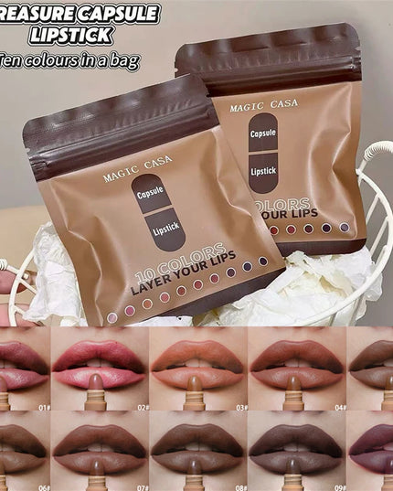 ‌10 Color Smooth Brown Toned Capsule Lipstick Set Lasting Matte Velvet‌ Mini Lip Balm Smudge Proof Highly Pigment Lip Makeup Kit