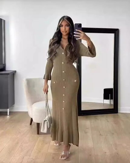Elegant Knitted Long Dress Women Flare Sleelve V Neck Ruffles Single Breasted Bodycon Dresses Party Fashion Office Lady Vestidos