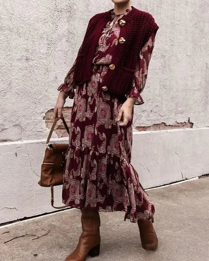 KONDALA Vintage Red Flower Print Chiffon Long Dress Long Sleeve O Neck Ruffles Loose Dress Fashion 2025 Spring Autumn Boho Dress