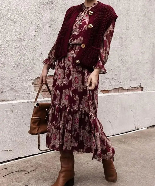 KONDALA Vintage Red Flower Print Chiffon Long Dress Long Sleeve O Neck Ruffles Loose Dress Fashion 2025 Spring Autumn Boho Dress