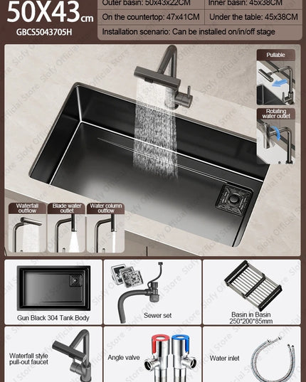 304 Stainless Steel Kitchen Sink Black Single Bowl Thickened Material Wear-Resistant Vegetable Workstation Drainage Accessories