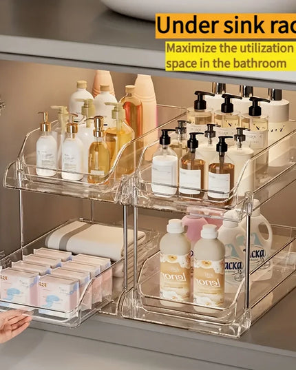 Pull-Out Under Sink Organizer with Shelf, Heavy-Duty Bathroom Storage Rack  No Tools Needed for Easy Installation, Clear Shelves