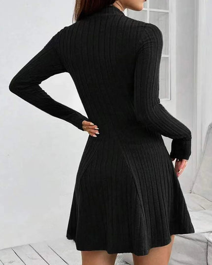 Women's slim fit half high collar waist cinched A-line skirt long sleeved pit stripe dress