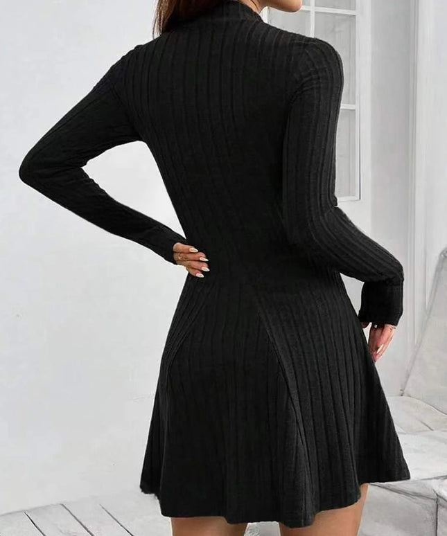 Women's slim fit half high collar waist cinched A-line skirt long sleeved pit stripe dress