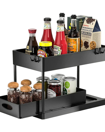 2 Tier Under Sink Organizer Sliding Cabinet Basket Organizer Storage Rack with Hooks Hanging Cup Bathroom Kitchen Organizer