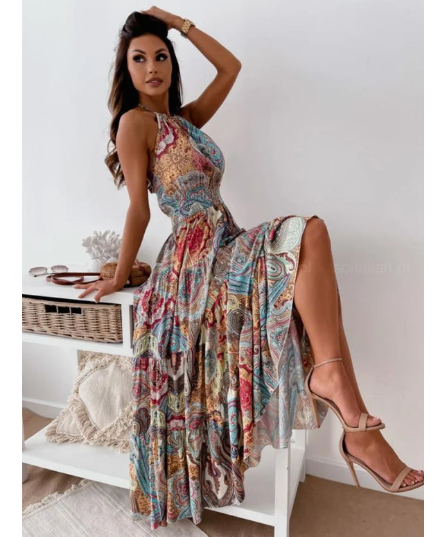 Fashionable and sexy bohemian-style printed backless suspender long dress for women