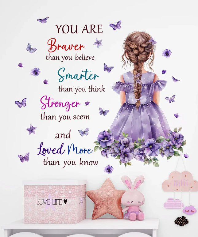 1Pc Cartoon Purple Flower Girls Text Wall Sticker Bedroom Decoration Items Living Girl Room Decor Kids Room Wall Decals Art