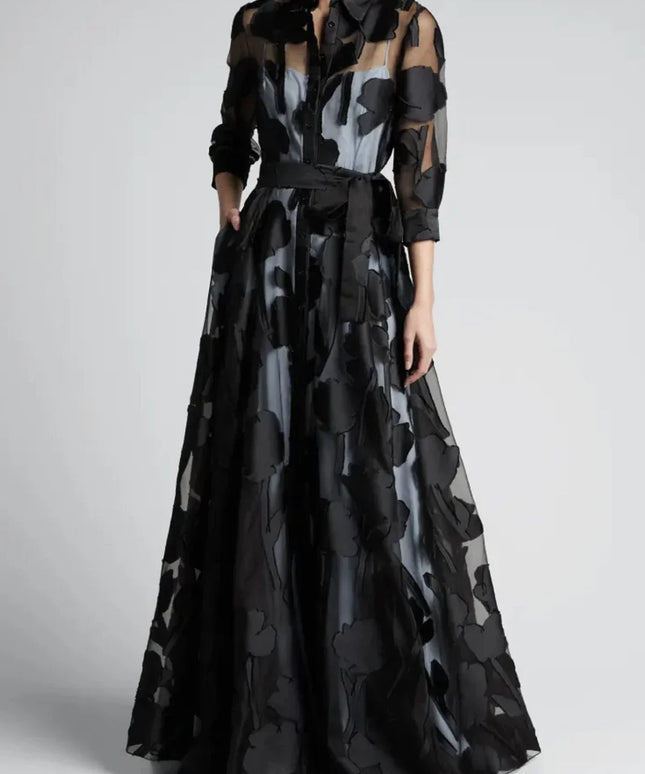 Fashion Autumn Dress for Women Polk Dot Elegant Turn Down Collar Transperant 3/4 Sleeve Elegant Casual Vintage A-Line Long Dress