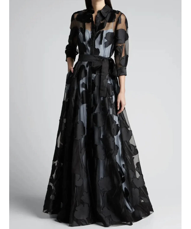 Fashion Autumn Dress for Women Polk Dot Elegant Turn Down Collar Transperant 3/4 Sleeve Elegant Casual Vintage A-Line Long Dress