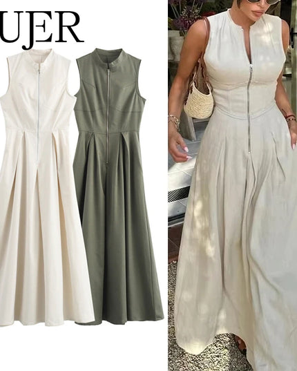 MUJER Zipper Long Dress Woman Pleated Sleeveless Bodycon Dress Summer Elegant Party Dresses For Women 2025 New Midi Dresses