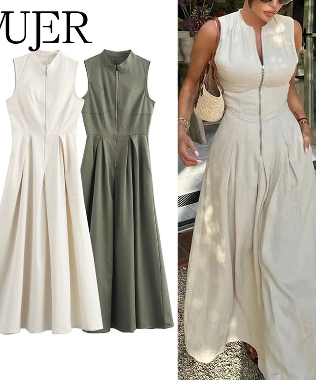 MUJER Zipper Long Dress Woman Pleated Sleeveless Bodycon Dress Summer Elegant Party Dresses For Women 2025 New Midi Dresses