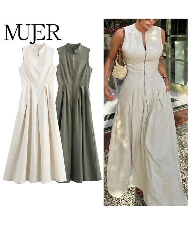 MUJER Zipper Long Dress Woman Pleated Sleeveless Bodycon Dress Summer Elegant Party Dresses For Women 2025 New Midi Dresses