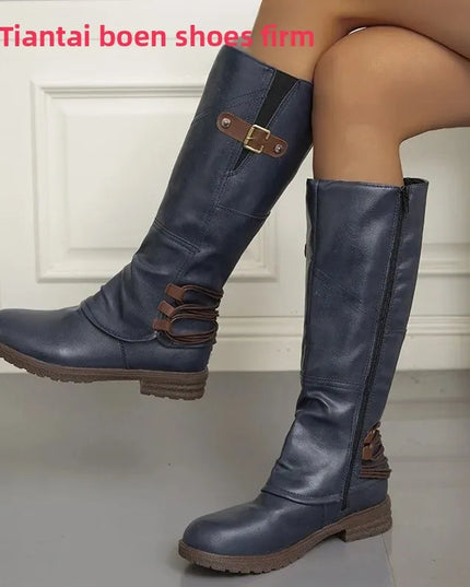 Women's round Toe Side Zipper PU Mid-Calf Boots Autumn Winter New Style Square Heel Booties Comfortable Rubber Lined Shoes