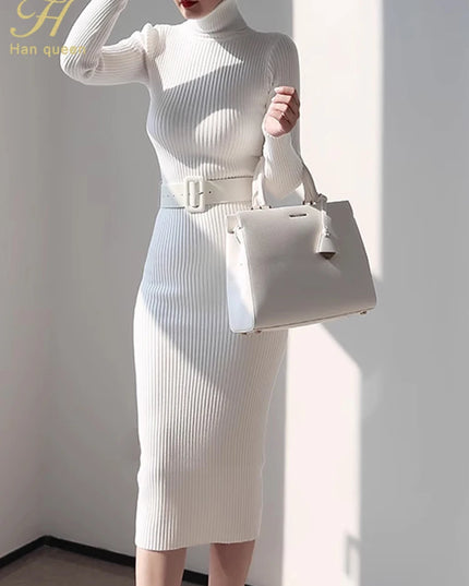 H Han Queen Knitted Turtleneck Sweater Bodycon Dress Bottoming Women Soft Elastic Autumn Winter Midi Party Dresses With Belt