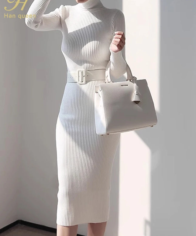 H Han Queen Knitted Turtleneck Sweater Bodycon Dress Bottoming Women Soft Elastic Autumn Winter Midi Party Dresses With Belt