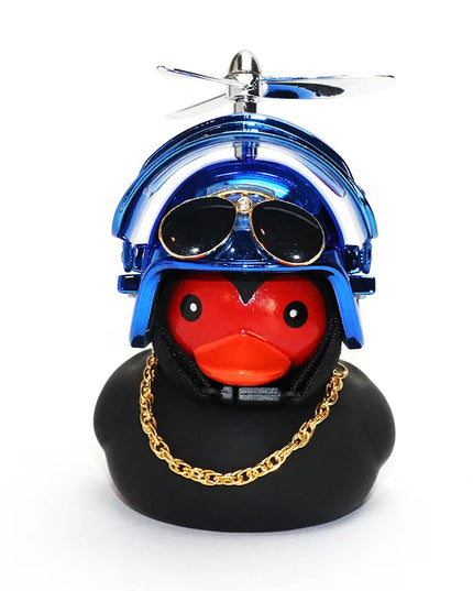 Cool Black Rubber Duck Toy Bike Car Ornaments Dashboard Decorations Squeeze Duck Bicycle Horns with Propeller Helmet for Kids