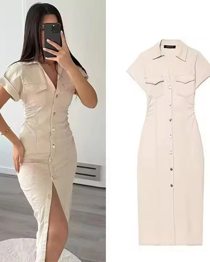 Denim Dress Women's Spring Summer Casual Long Dresses For Women 2025 New Fashion Ruched Short Sleeve Streetwear Midi Dress