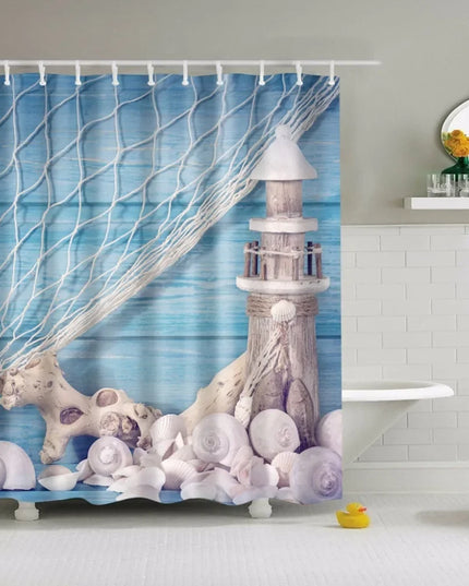 Seaside Scenic Beach Shells Shower Curtains Starfish Conch Blue Board Palm Trees Sunset Nature Scenery Bathroom Curtain Decor