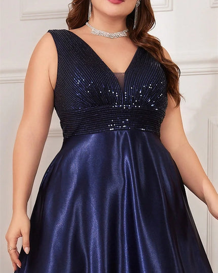 Plus Size Elegant Sequins Evening Dress For Women 2025 Deep V-neck Satin Prom Party Dress Floor Length Formal Bridesmaid Gowns