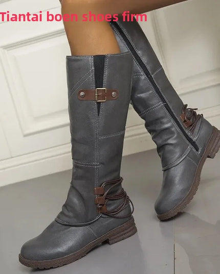 Women's round Toe Side Zipper PU Mid-Calf Boots Autumn Winter New Style Square Heel Booties Comfortable Rubber Lined Shoes