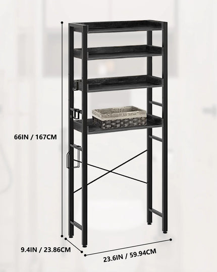 Over The Toilet Storage Rack 4-Tier Bathroom Organizer Freestanding Shelf Space Saver Toilet Stand Cabinet with 4 Hooks