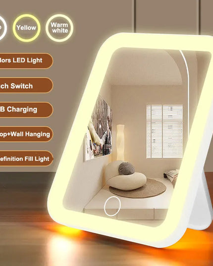 3 Colors LED Vanity Mirror with Touch Screen USB Rechargeable Dimming Makeup Mirror 3 Brightness Portable