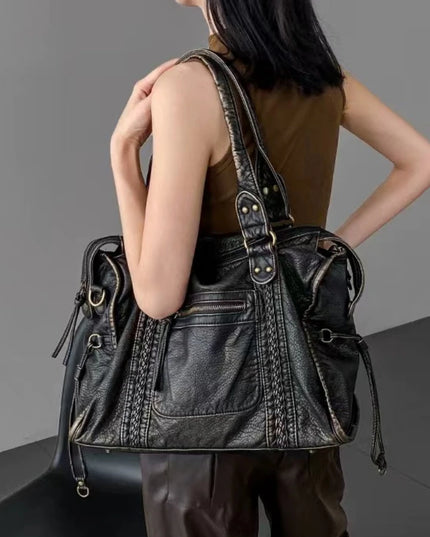 Y2K Spicy Girl One Shoulder Crossbody Bag Vintage Washed Leather Motorcycle Bag Large Capacity Bag