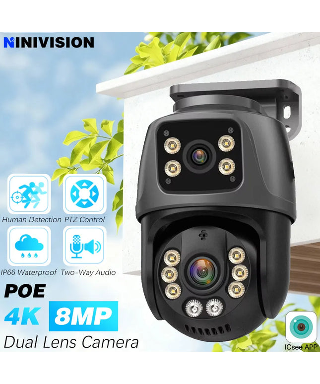 ICSee 8MP Dual Lens Dual Screen POE IP Camera Smart Home 360° PTZ Wired Network Video Surveillance Camera Human Detection CCTV