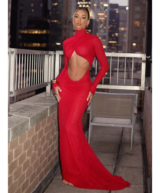 Party Dresses For Women Fashion Sexy Streetwear Solid Hollow Out Turtleneck Full Sleeves Slim Elegant Long Vestidos Robes Female