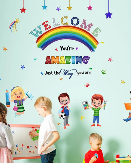 Cartoon Welcome Inspirational Phrases Wall Stickers Detachable Children's Tenant Hall Nursery Decoration Wall Stickers