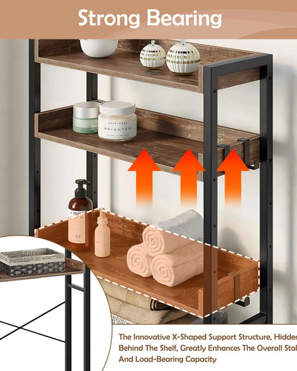 Over The Toilet Storage Rack 4-Tier Bathroom Organizer Freestanding Shelf Space Saver Toilet Stand Cabinet with 4 Hooks